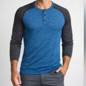 Lululemon Mens L Metal Vent Tech Long Sleeve Henley Shirt Button Blue Gray